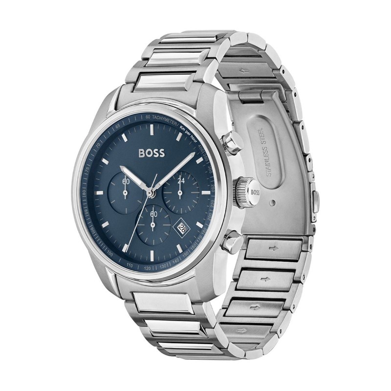 Hugo Boss Trace Chronograph Quartz Blue Dial Silver Steel Strap Watch For Men - 1514007